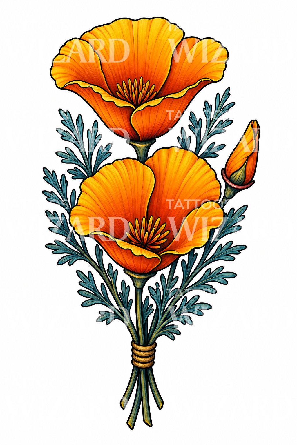 Diseño de tatuaje de ramo de amapolas de California