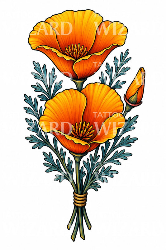 California Poppy Bouquet Tattoo Design