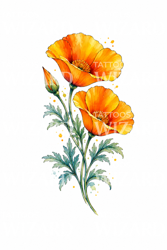 Aquarel-tattoo-ontwerp met Californische klaproos