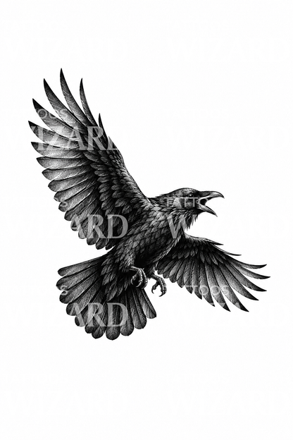 Rufender Rabe im Flug, Dotwork-Tattoo