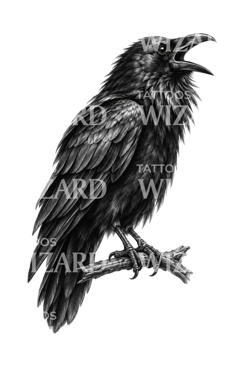 Calling Raven with Flared Hackles Tattoo Illustration