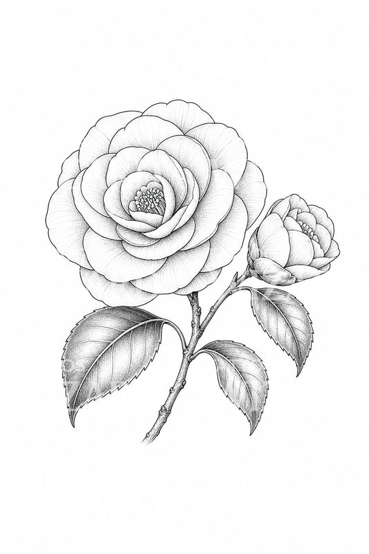 Desain Tato Garis Halus Camellia Bloom