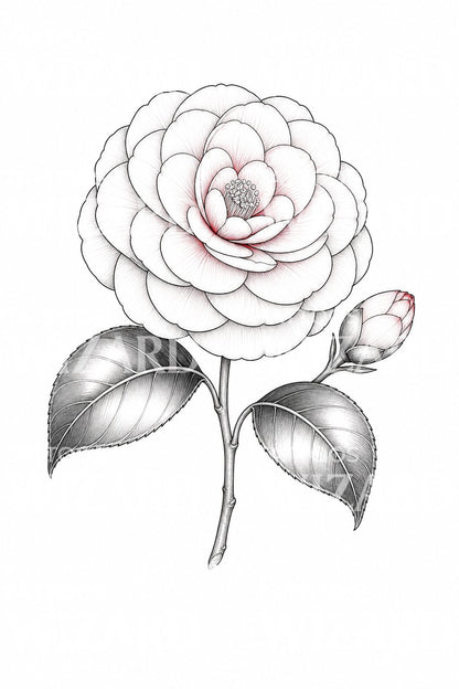 Camellia Bloom Fine Line Tattoo Design
