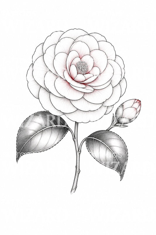 Diseño de tatuaje de línea fina Camellia Bloom