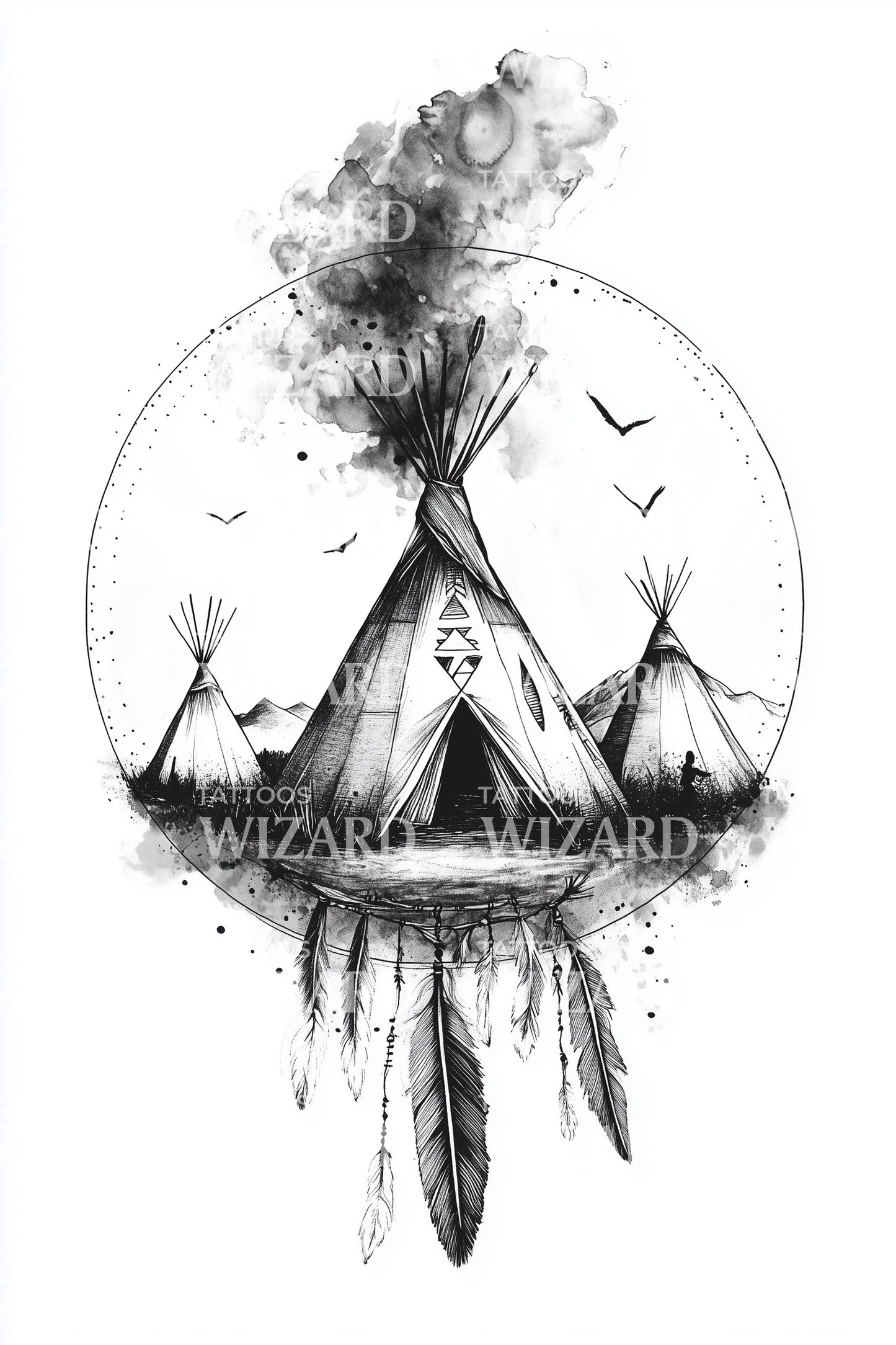 Campfire Teepee Scene Tattoo Illustration