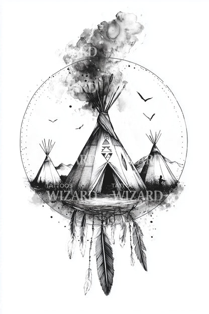 Campfire Teepee Scene Tattoo Illustration