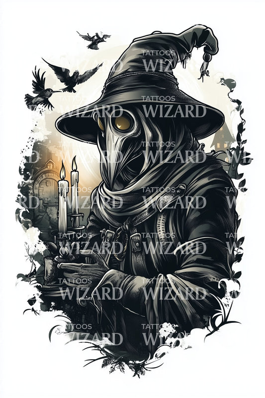 Desenho de Tatuagem de Médico da Peste à Luz de Velas