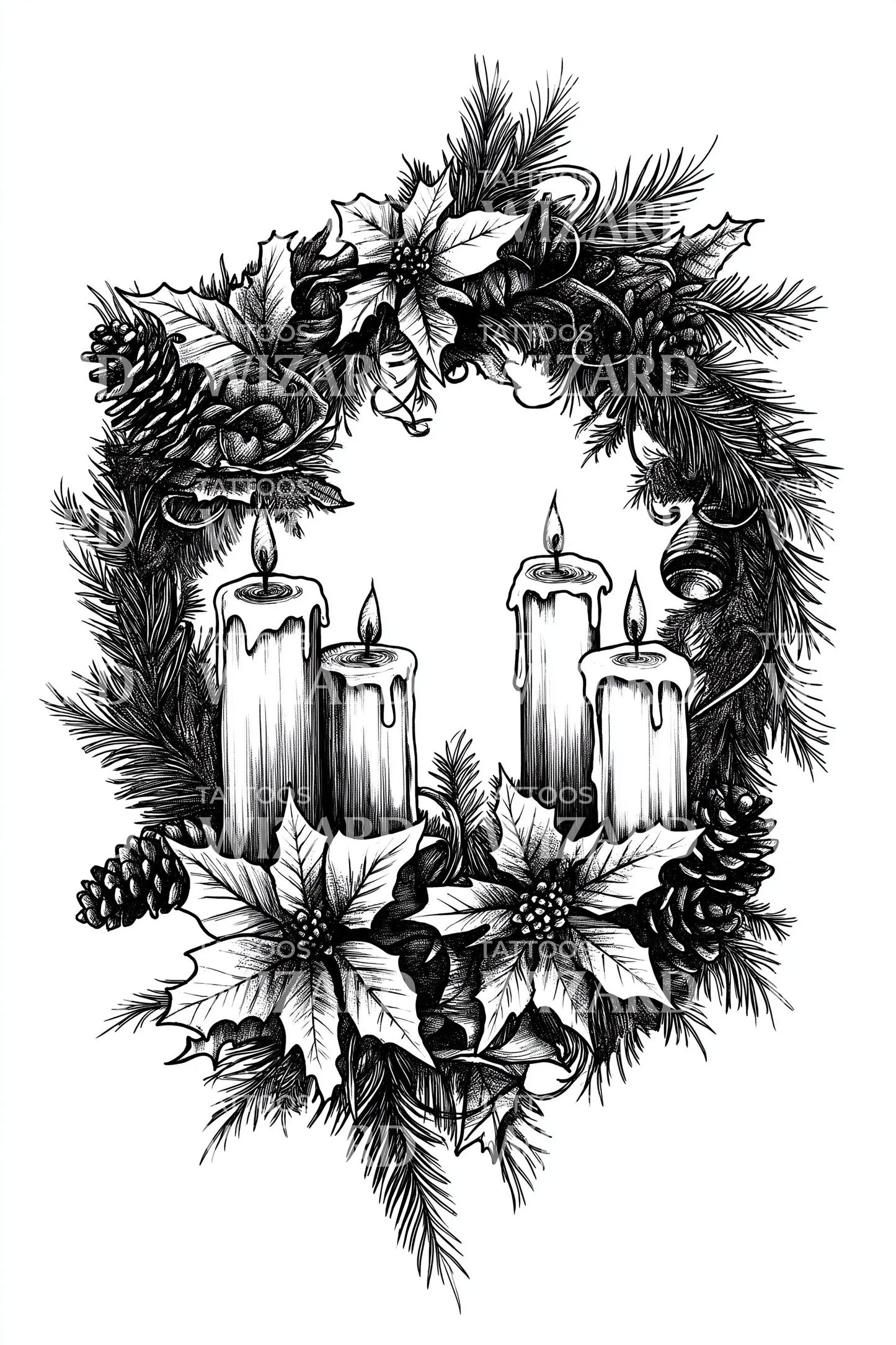 Candlelit Poinsettia Holiday Wreath Tattoo Design