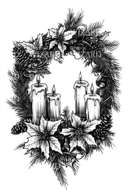Candlelit Poinsettia Holiday Wreath Tattoo Design