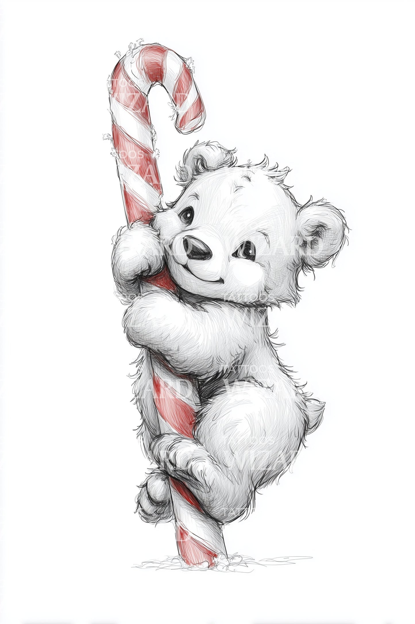 Candy Cane Hugging Bear Tattoo Illustration