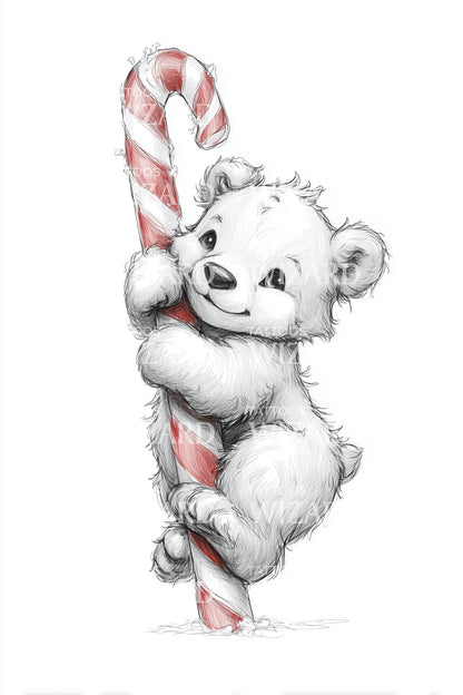 Candy Cane Hugging Bear Tattoo Illustration