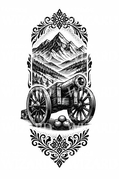Cannon and Peaks Tattoo Illustration
