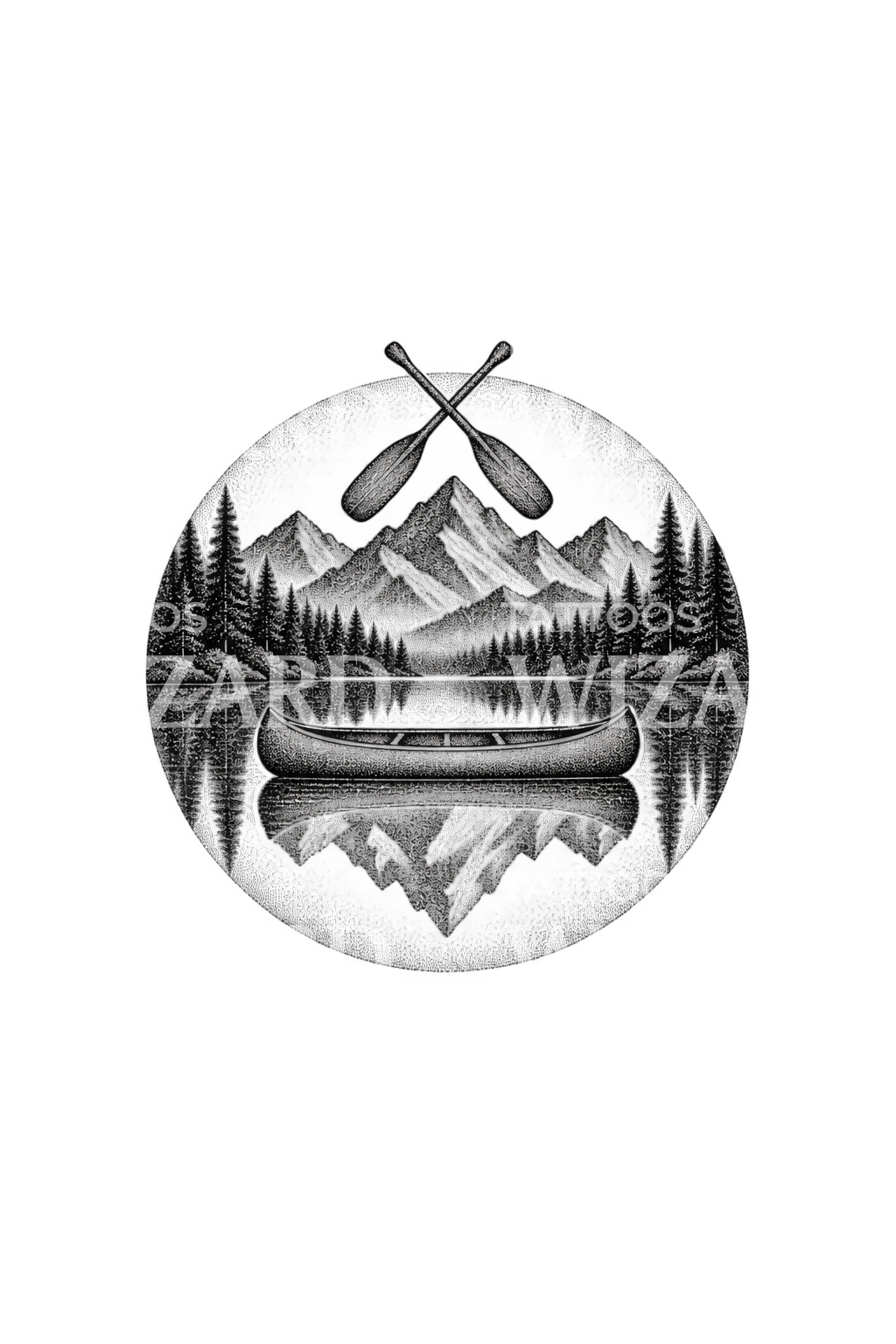 Dotwork-tatovering af kano på bjergsø