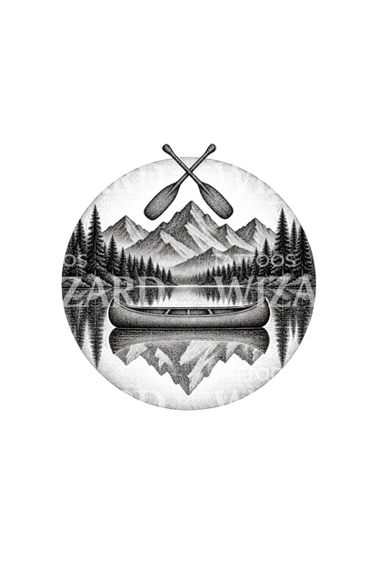 Dotwork-tatovering af kano på bjergsø