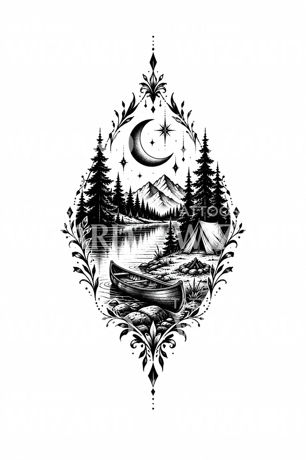 Blackwork tetování kánoe, stanu a měsíce v diamantu