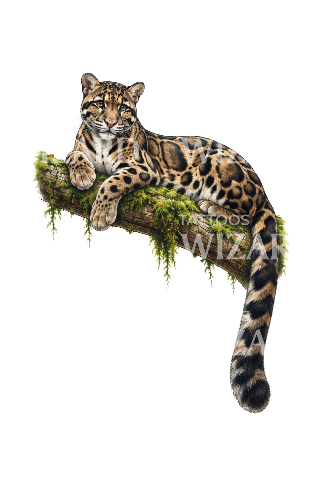 Tetování leoparda obláčkového na mechem porostlém kmeni v korunách stromů