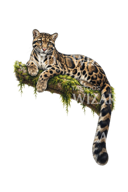 Tetování leoparda obláčkového na mechem porostlém kmeni v korunách stromů