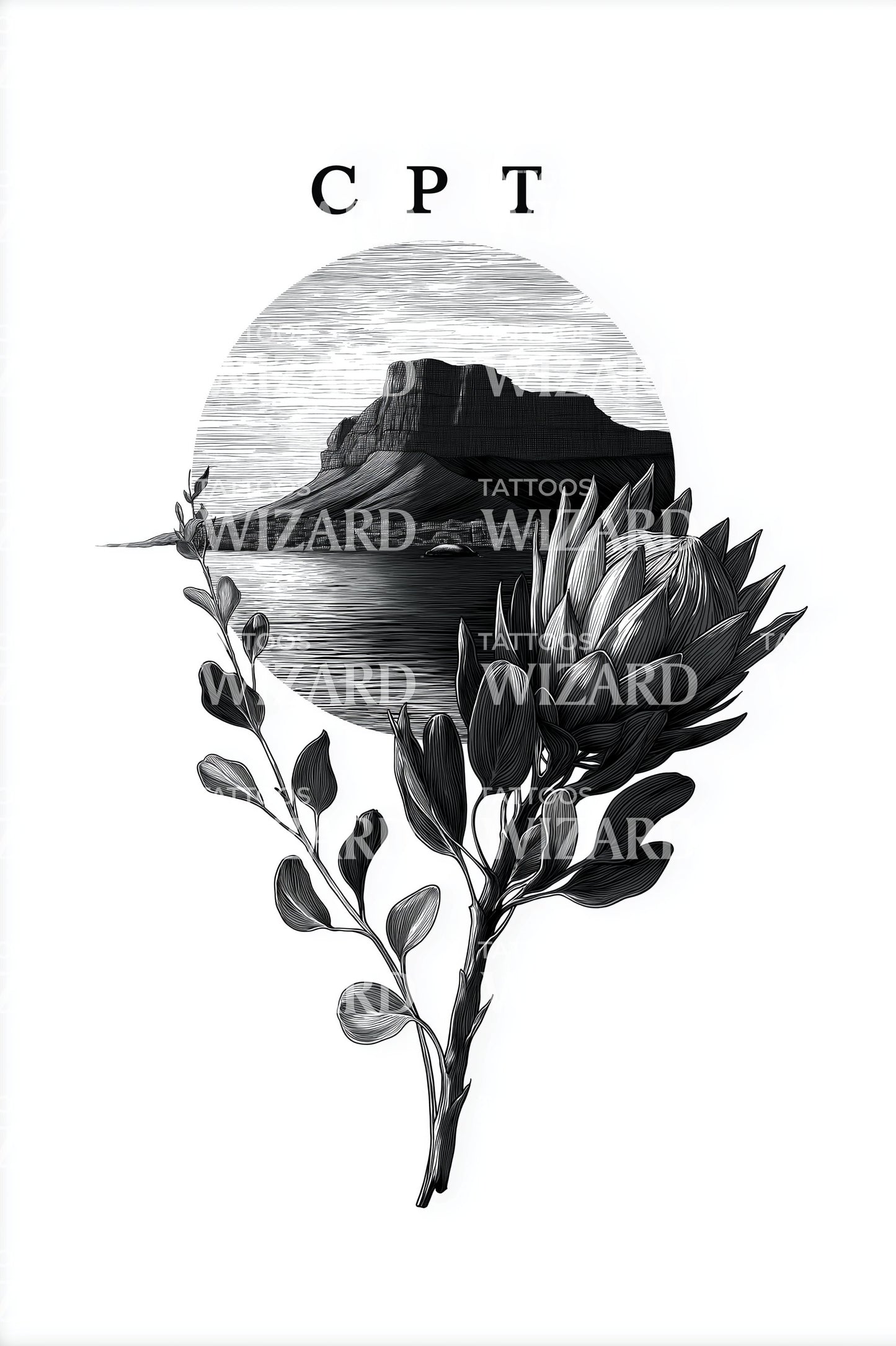 Cape Town CPT Protea Moon Tattoo Illustration