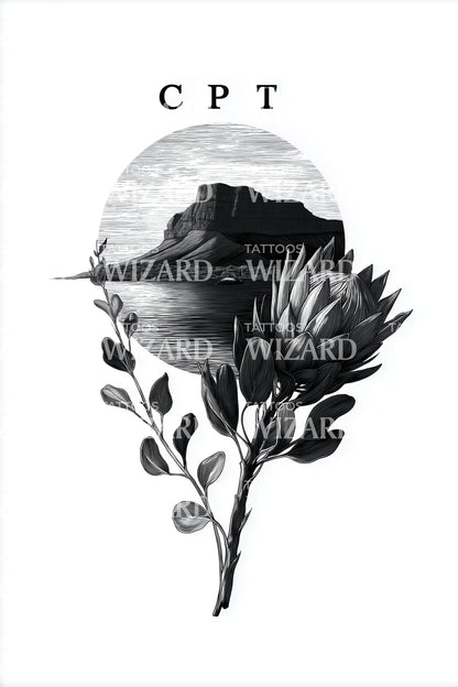 Cape Town CPT Protea Moon Tattoo Illustration