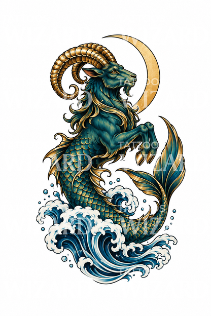 跃出海浪的摩羯座海山羊星座纹身