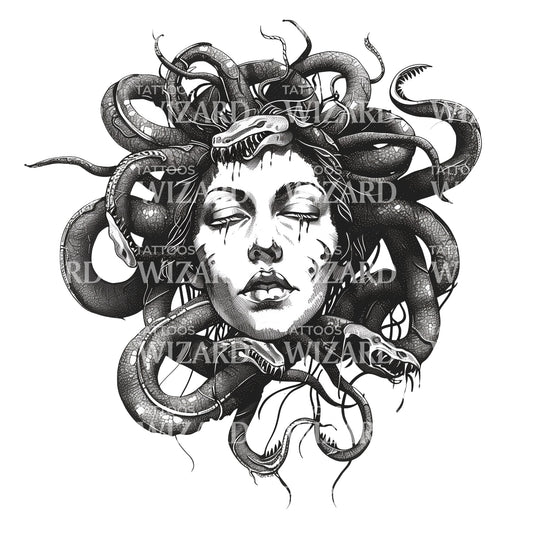 Eine gefangene Medusa mit geschlossenen Augen Tattoo-Idee