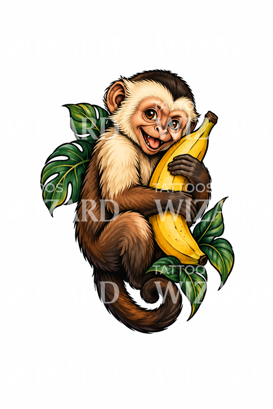 Macaco-prego a abraçar uma banana em estilo neotradicional