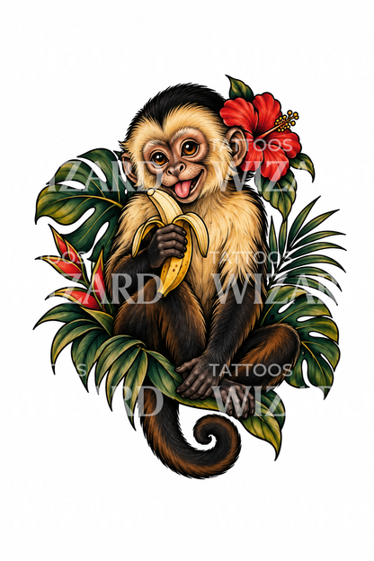 Diseño de tatuaje de mono capuchino con plátano e hibisco
