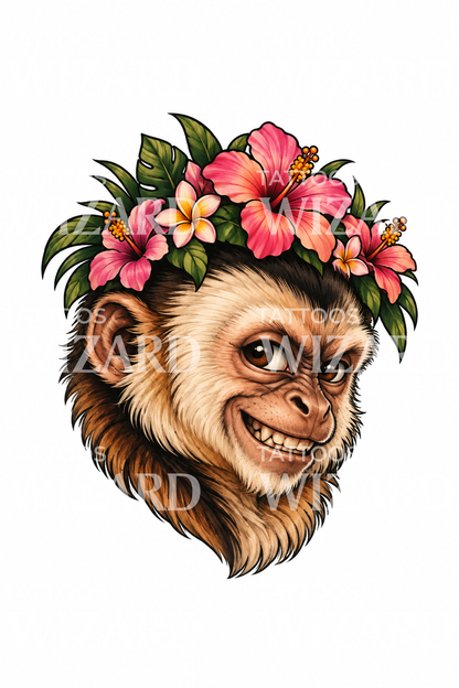 Tattoo-Idee: Kapuzineraffe mit Blumenkrone