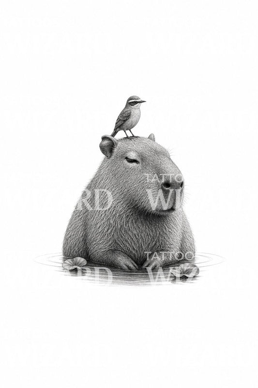 Tattoo-ontwerp van capibara en klein vogeltje