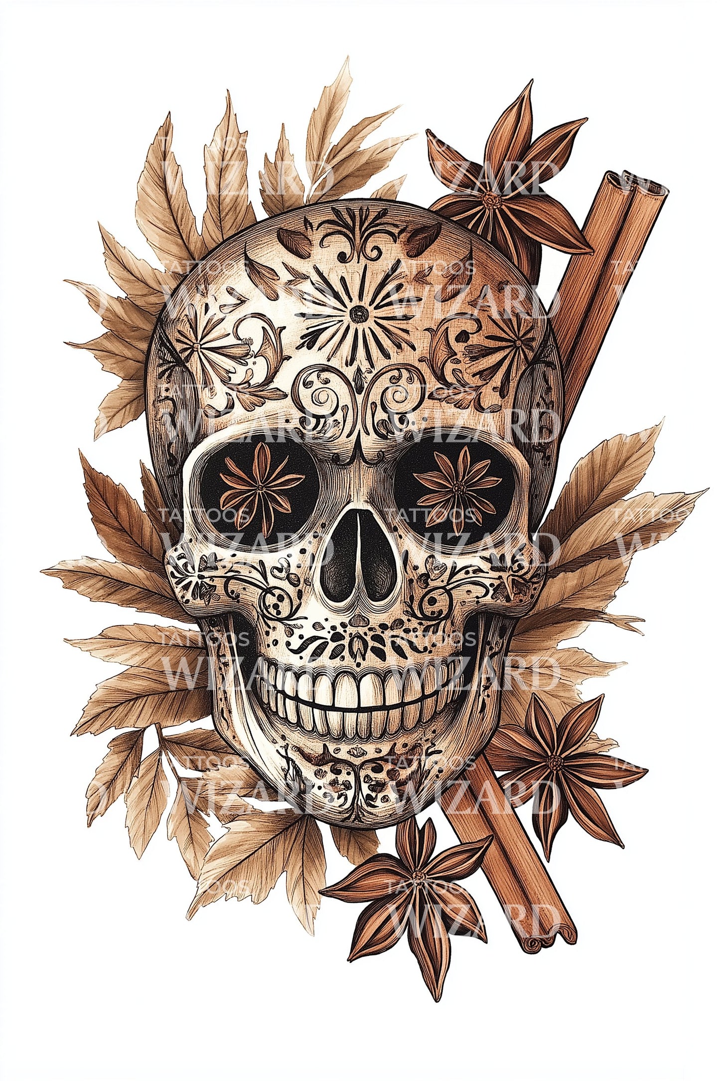 Caramel Spice Skull Tattoo Illustration