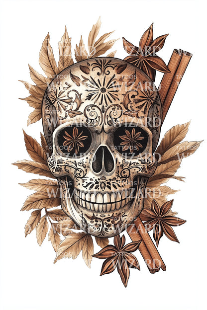 Caramel Spice Skull Tattoo Illustration