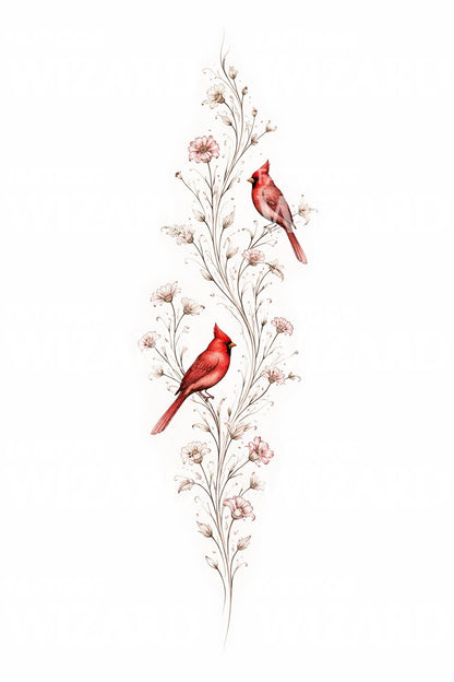 Cardinal Floral Vertical Tattoo Design