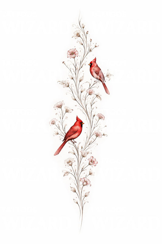 Cardinal Floral Vertical Tattoo Design