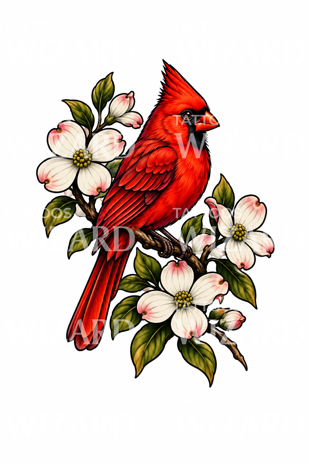 Cardinal on Dogwood Branch Tattoo Design