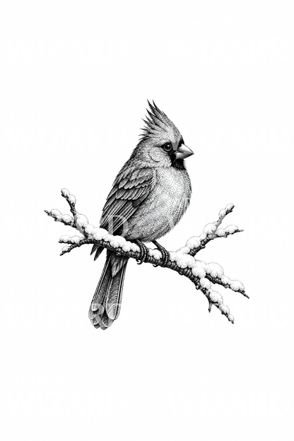 Dotwork-tatuointi kardinaalista lumisella oksalla