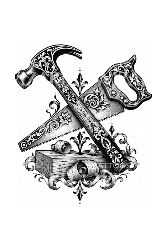 Design ornamentale per tatuaggio con martello e sega da falegname