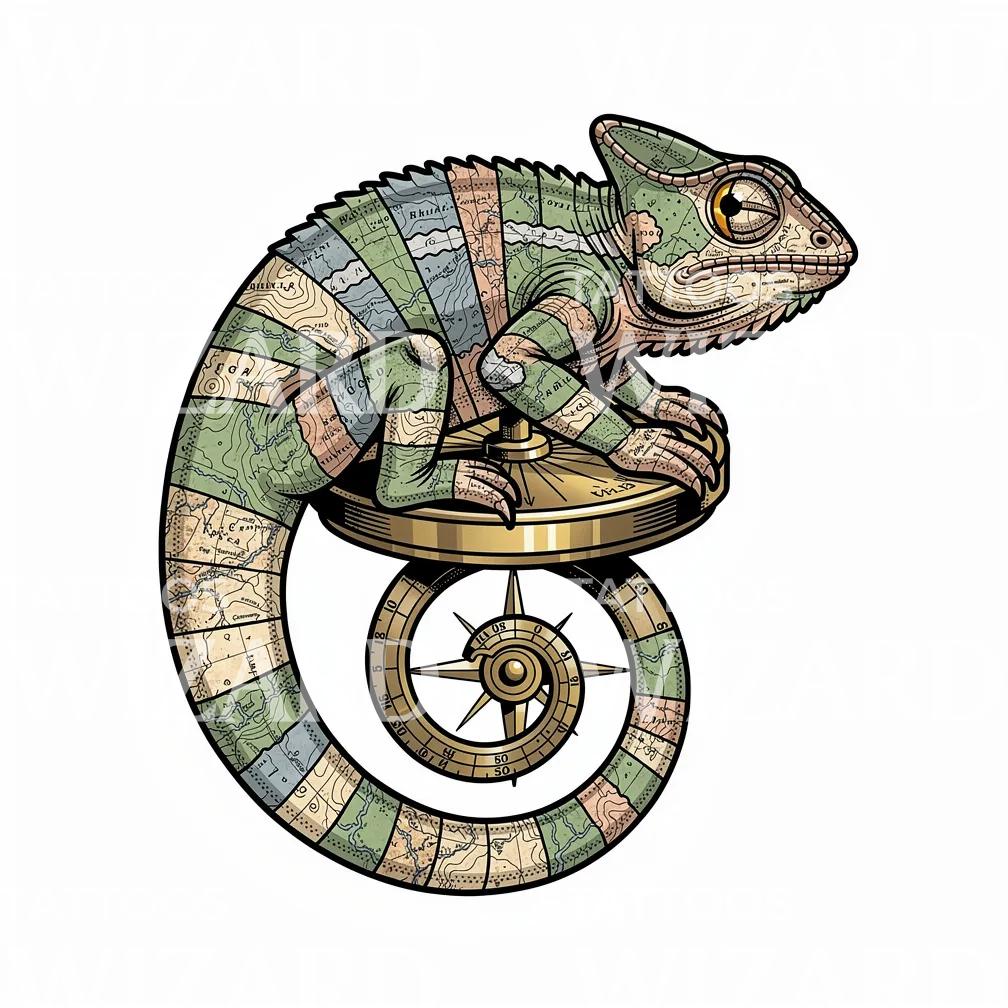 Cartographer Chameleon Tattoo Design