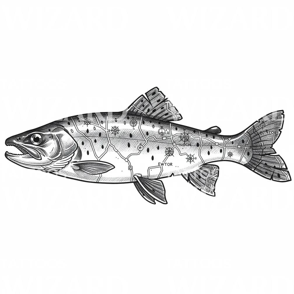 Cartographic Trout Tattoo Design