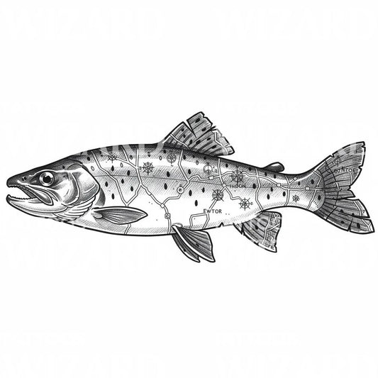 Cartographic Trout Tattoo Design