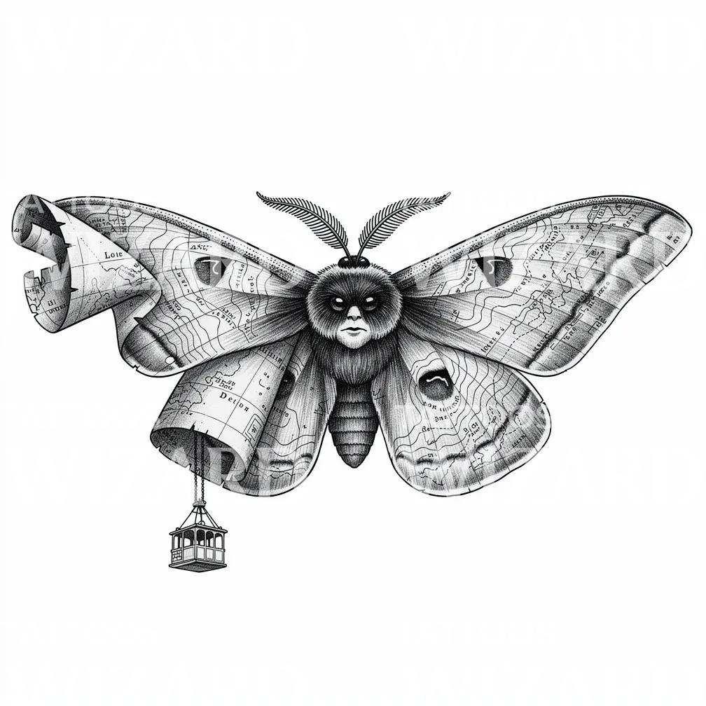 Cartography Moth Tattoo Design