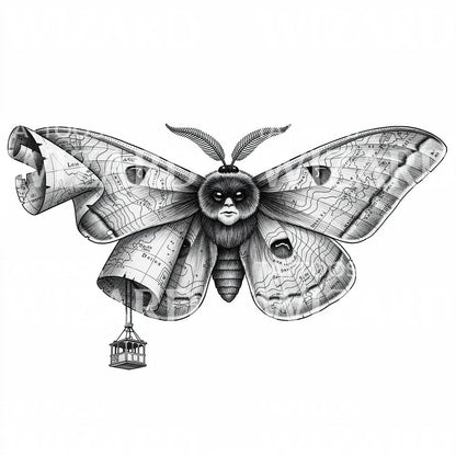 Cartography Moth Tattoo Design