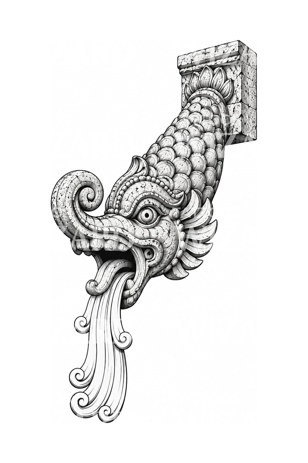Diseño de tatuaje de gárgola de agua Makara tallada