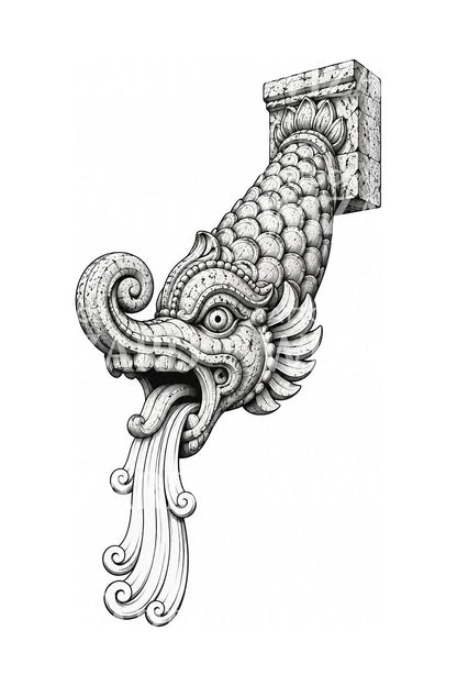 Diseño de tatuaje de gárgola de agua Makara tallada