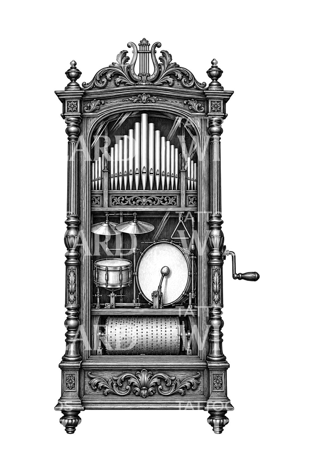 Carved Orchestrion Music Cabinet Tattoo Illustration