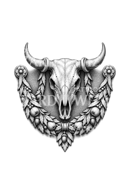Tatueringsdesign med skulpterad oxskalle och girlang
