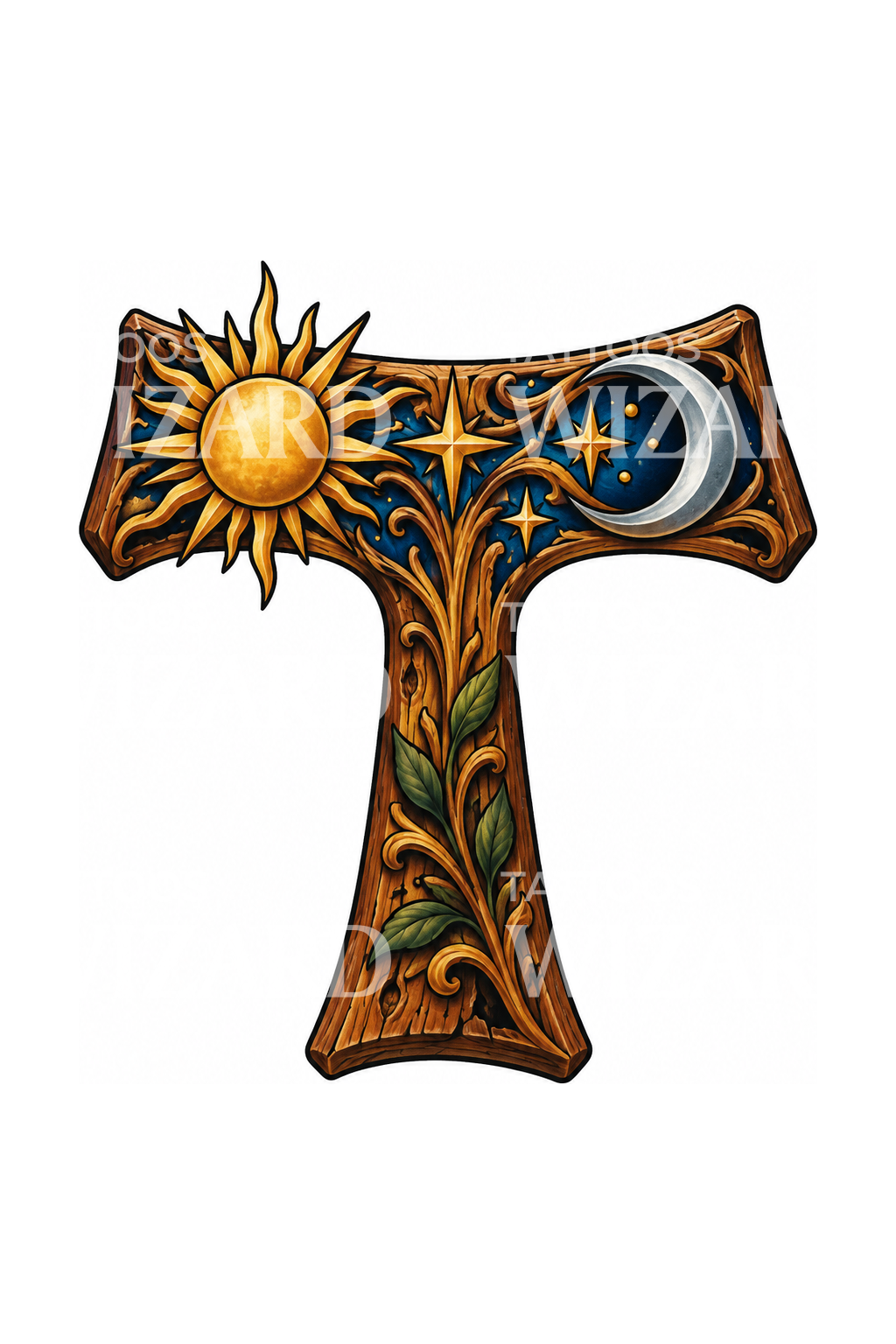 Carved Tau Cross with Sun and Moon Tattoo Idea