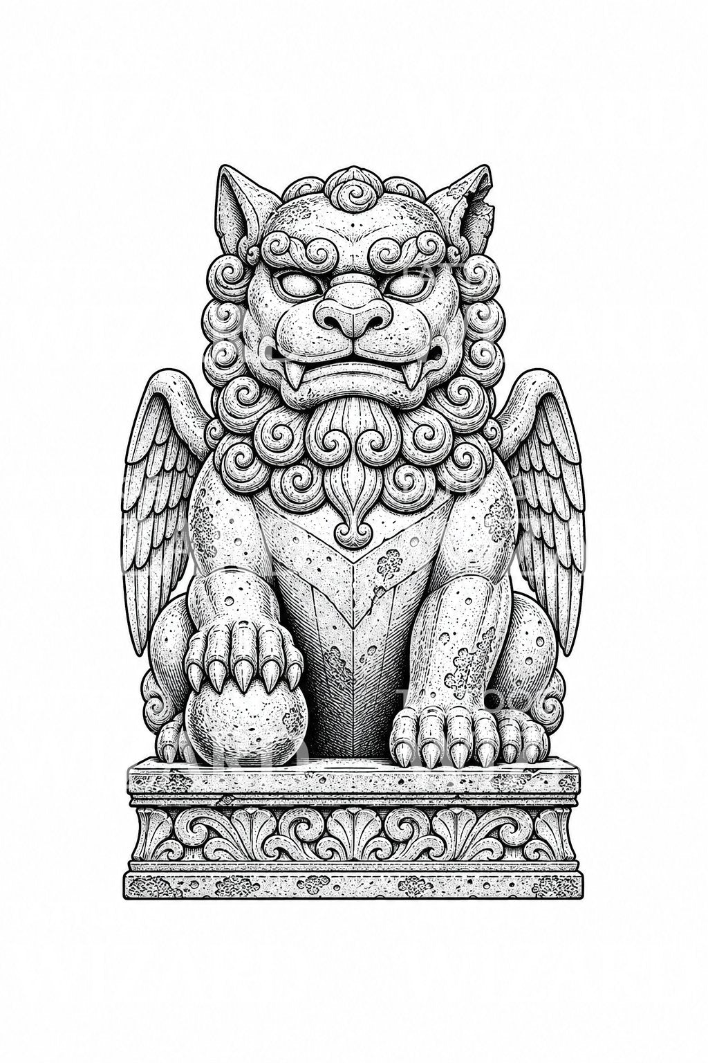 Tatoveringsillustrasjon av en utskåret tempelløvestatue
