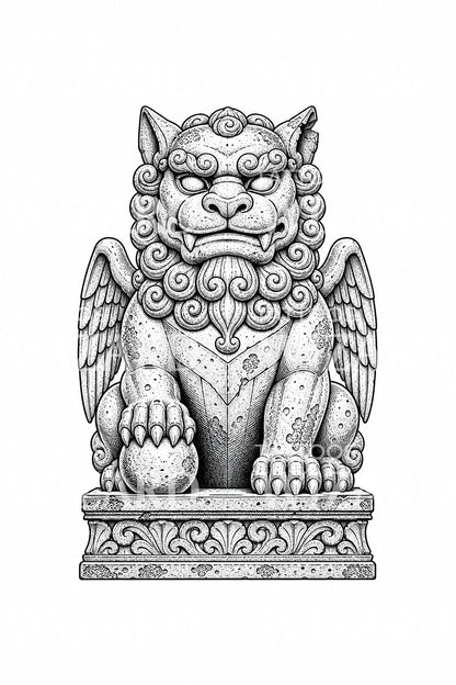 Tatoveringsillustrasjon av en utskåret tempelløvestatue