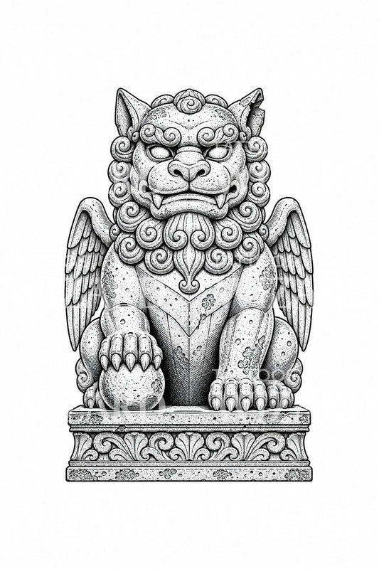 Ilustrasi tato patung singa kuil berukir