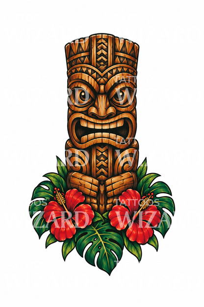Tatouage d’un totem tiki sculpté avec hibiscus